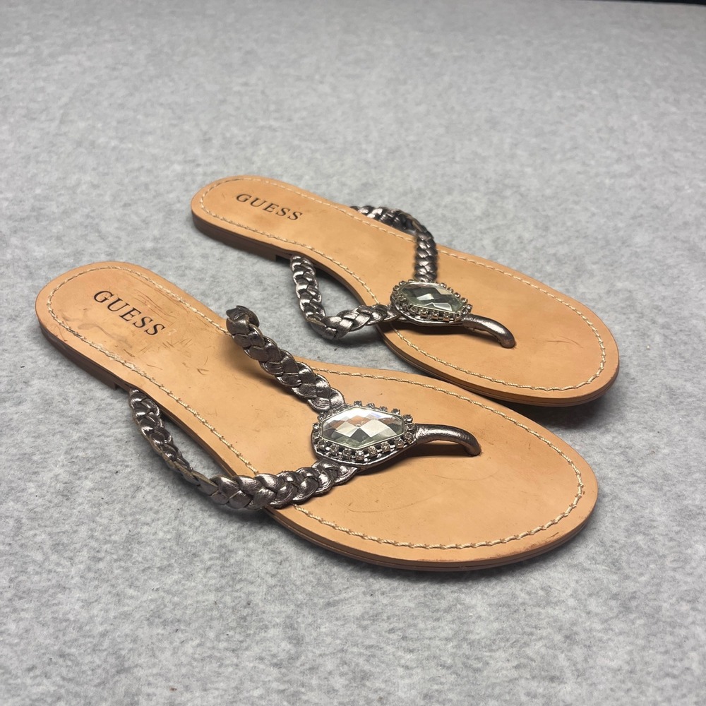Guess Bachelor Women Metallic Pewter Braided Leather Crystal Thong Sandals 6.5M